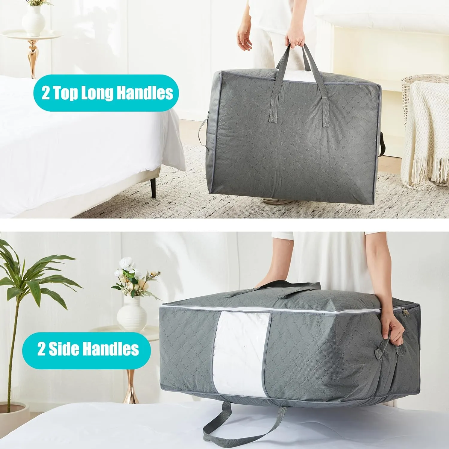 105L Extra Large Storage Bags for Blankets, King Comforters, Bedding, Clothes, Pillows, Sheets - Closet Organizers and Storage with 4 Handles & Clear Window, Foldable & Breathable (Grey, 4pack)