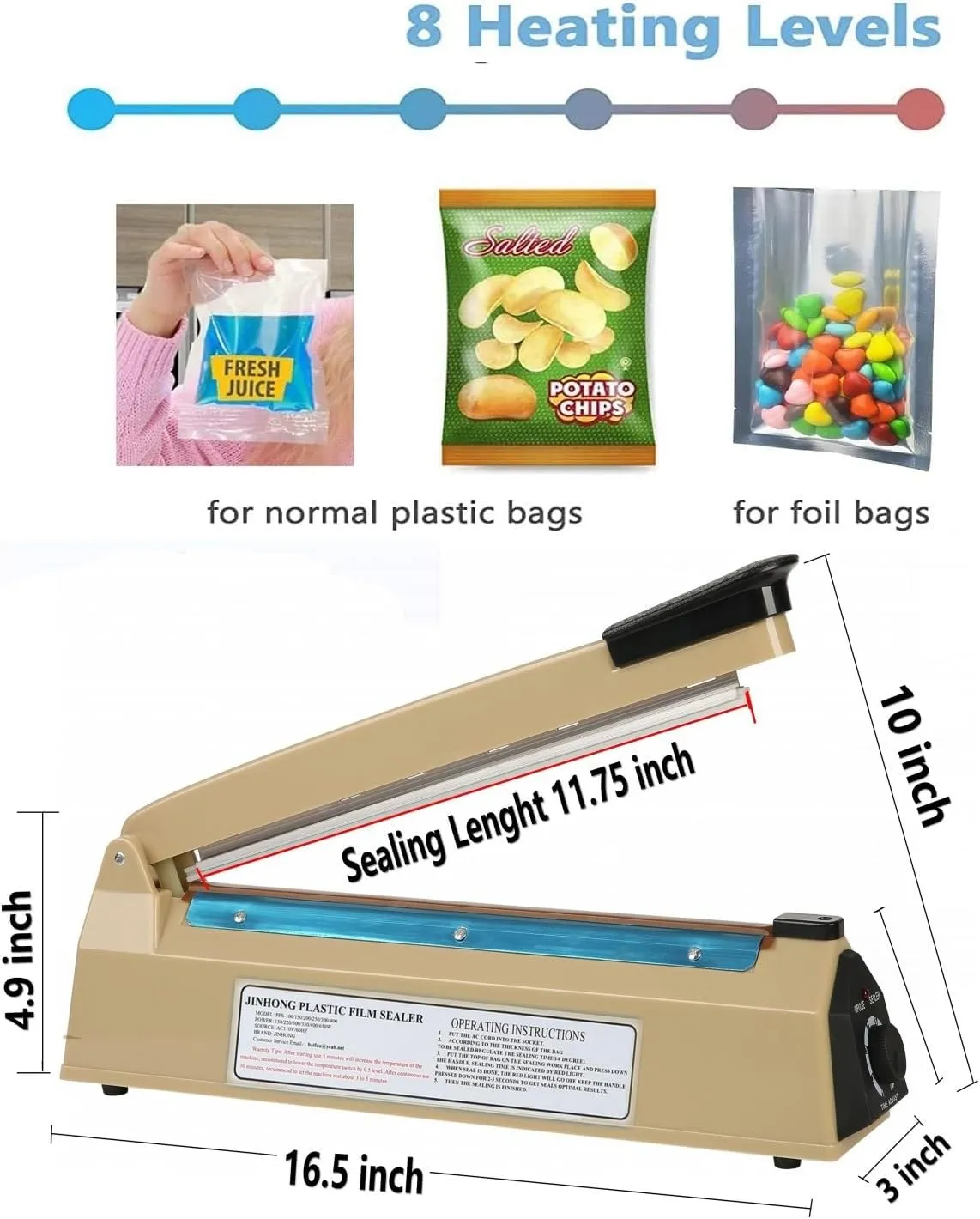 12 Inch Impulse Heat Sealer Manual Bags Sealer Sealing Machine Poly Bag Heat Sealer Heating Closer for Plastic PE PP Foil Bags Home Restaurant Food Storage with Extra Replace Element(Beige)