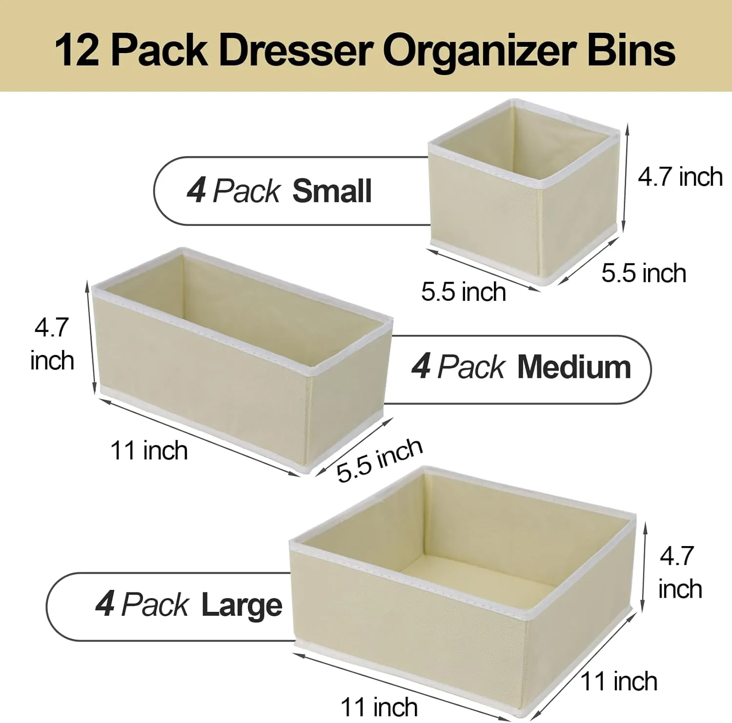 12 Pack Drawer Organizers for Clothing, Foldable Clothes Drawer Organizer for Underwear, Folded Clothes, Baby Clothing, Socks, Bra, Towels, Ties - Multi-pack Storage Box (Yellow)