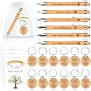 120 Pcs Family Reunion Party Favors Bulk Wood Family Tree Keychains Bamboo Ballpoint Pen Remembering Our Roots Cards with Organza Bags for Home Reunion Love Party Gathering Souvenirs