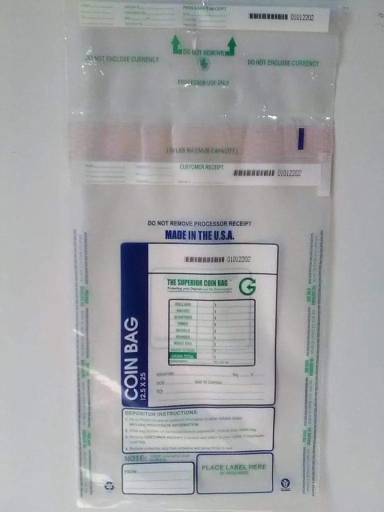 12.5x25 Extra Large Coin Bag Plastic Cash Deposit (Package of 50)
