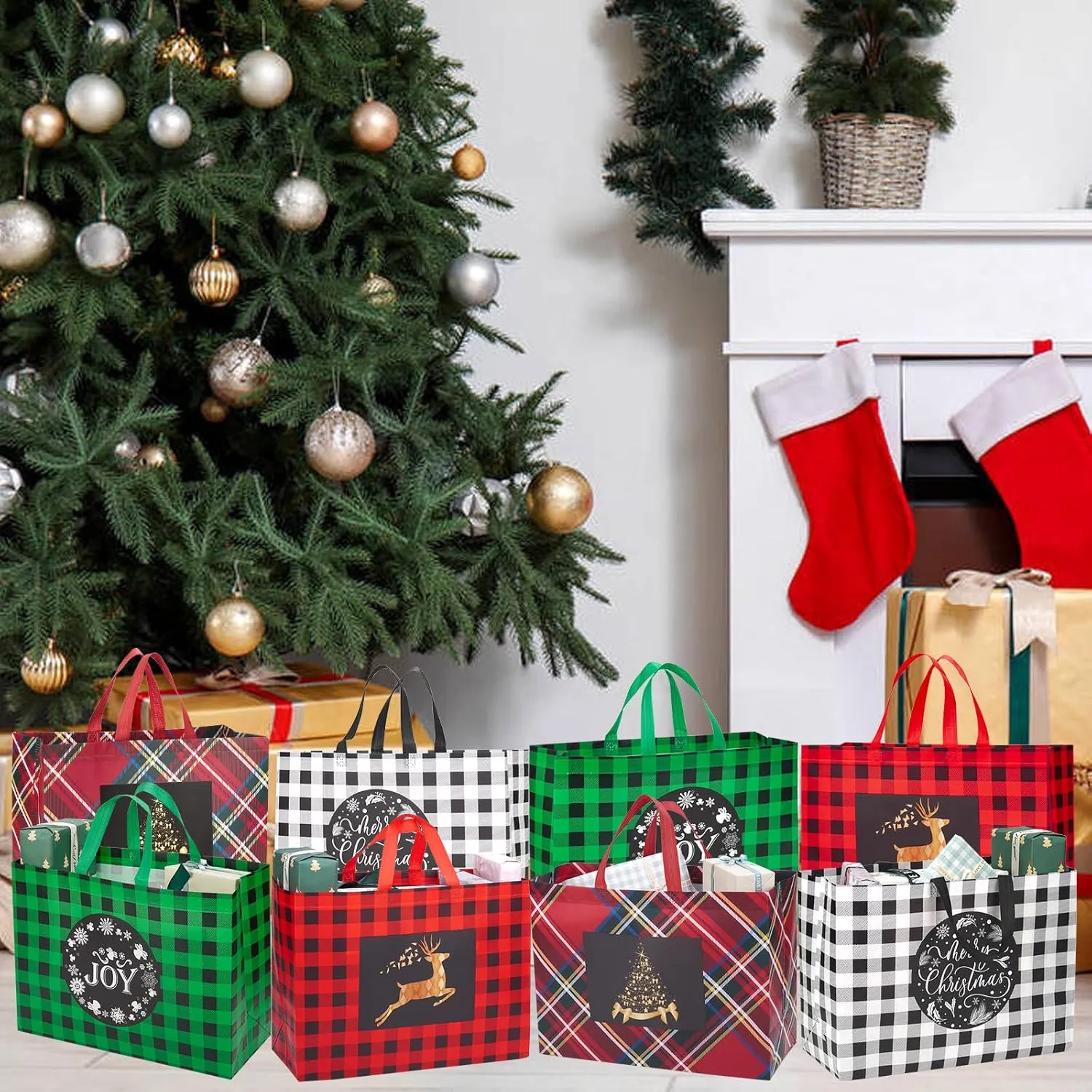 12PCS Extra Large Gift Bags, 16.9"12.6"7.1", Reusable Christmas Tote Bags With Handle, Non-Woven for Gifts Wrapping, Xmas Holiday