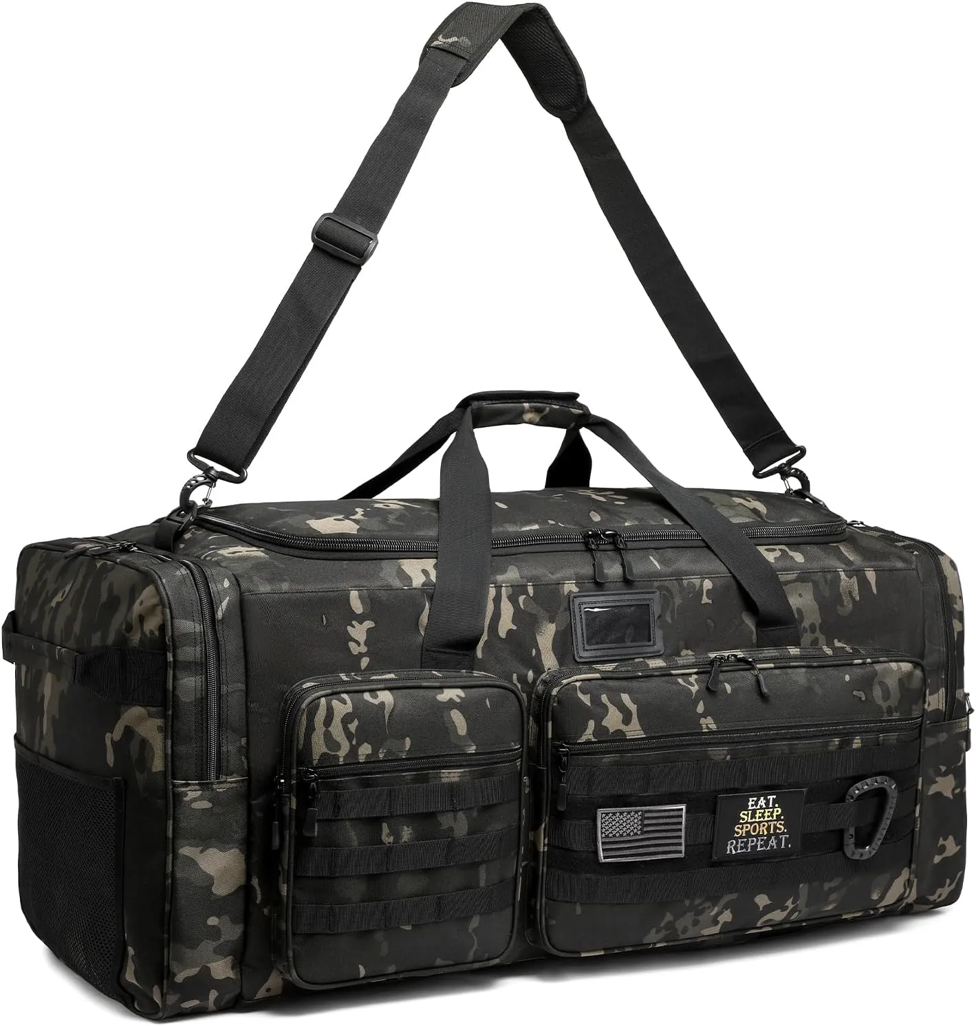 135L Large Military Tactical Duffle Bag, Travel Weekender Bag for Men Women, Sports Gym Bag with Insulated Pocket & Adjustable Strap, Black Camo
