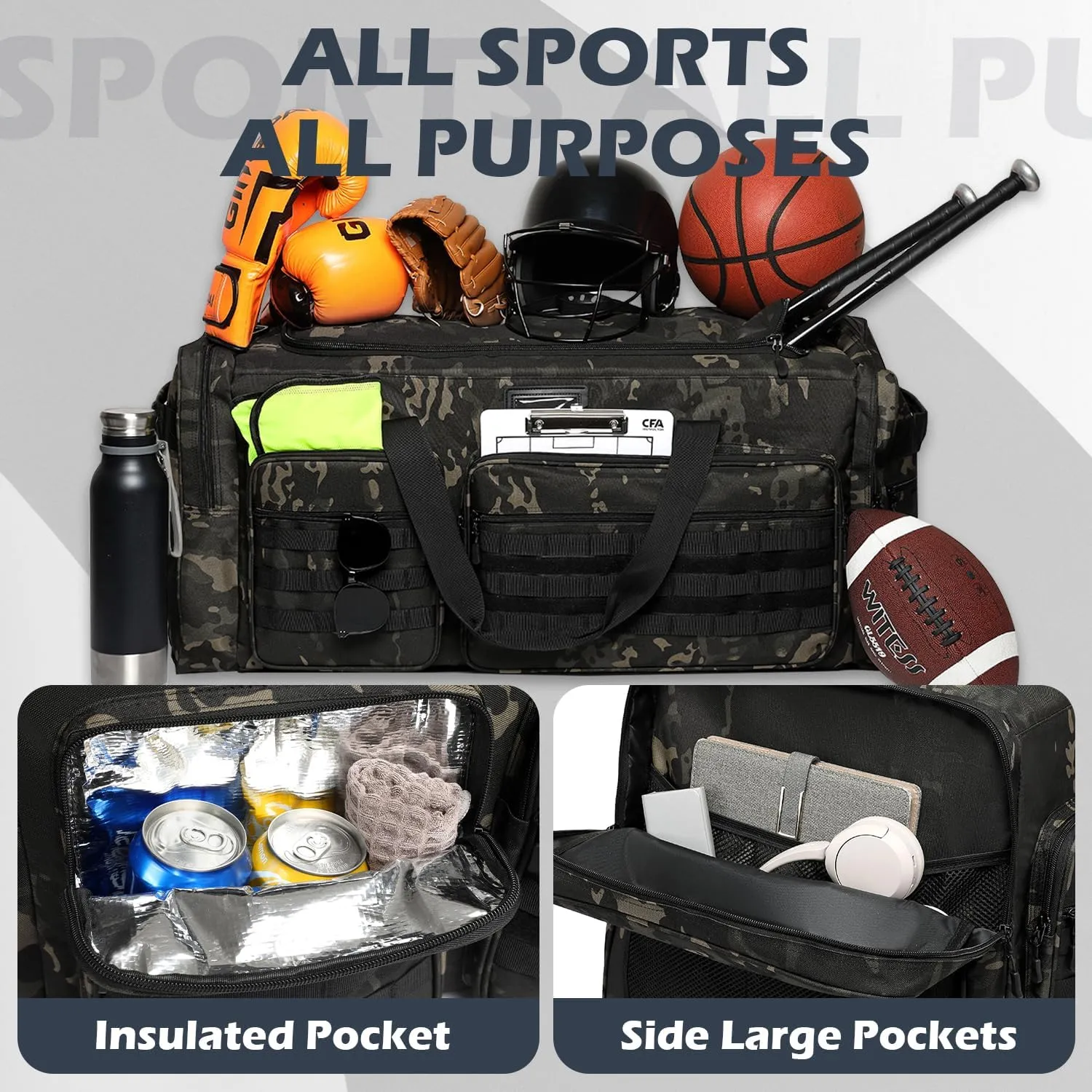 135L Large Military Tactical Duffle Bag, Travel Weekender Bag for Men Women, Sports Gym Bag with Insulated Pocket & Adjustable Strap, Black Camo