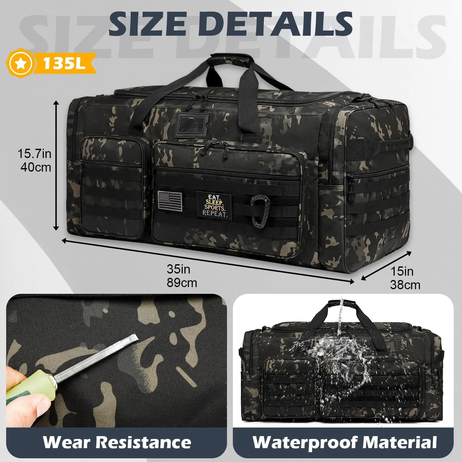 135L Large Military Tactical Duffle Bag, Travel Weekender Bag for Men Women, Sports Gym Bag with Insulated Pocket & Adjustable Strap, Black Camo