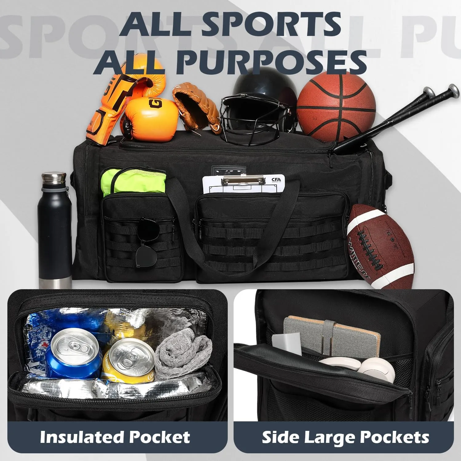 135L Large Military Tactical Duffle Bag, Travel Weekender Bag for Men Women, Sports Gym Bag with Insulated Pocket & Adjustable Strap, Black