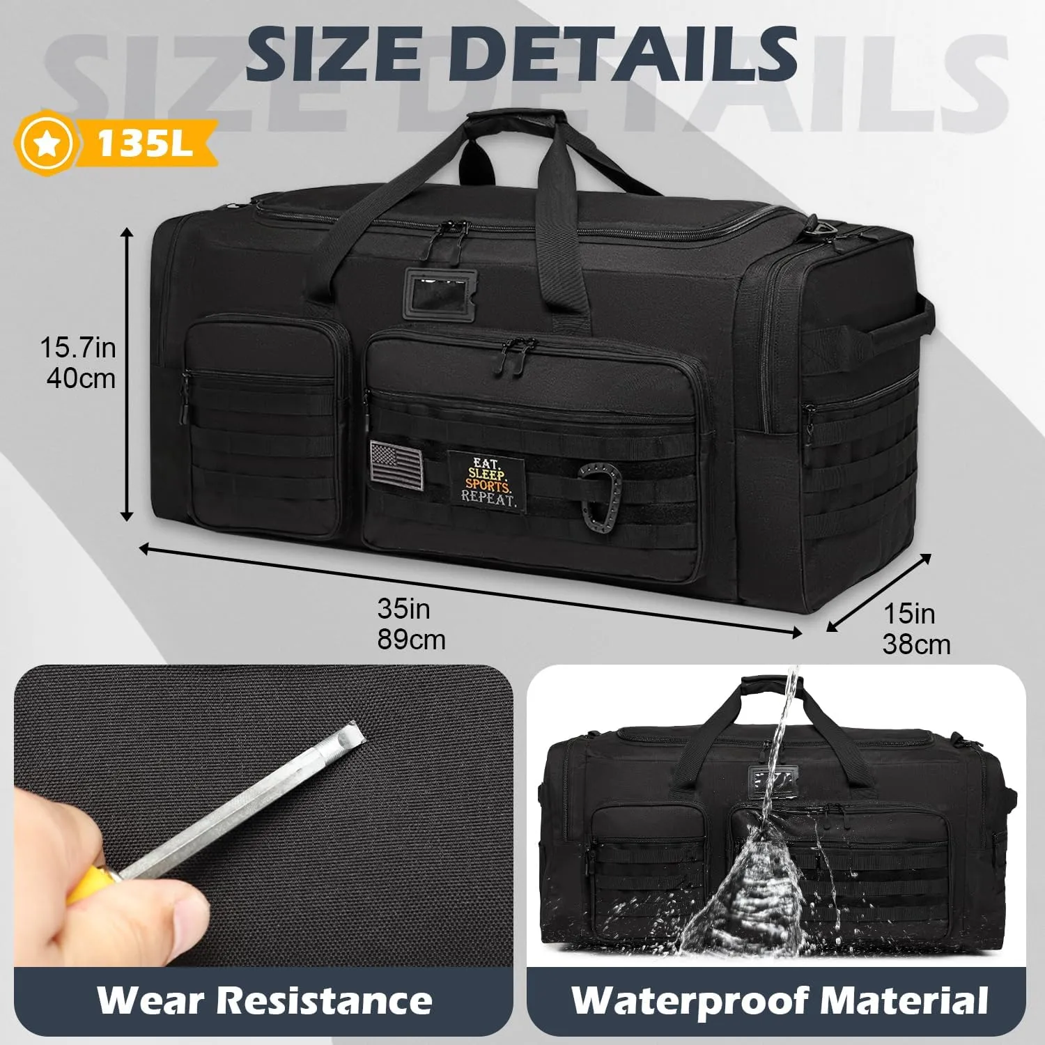 135L Large Military Tactical Duffle Bag, Travel Weekender Bag for Men Women, Sports Gym Bag with Insulated Pocket & Adjustable Strap, Black