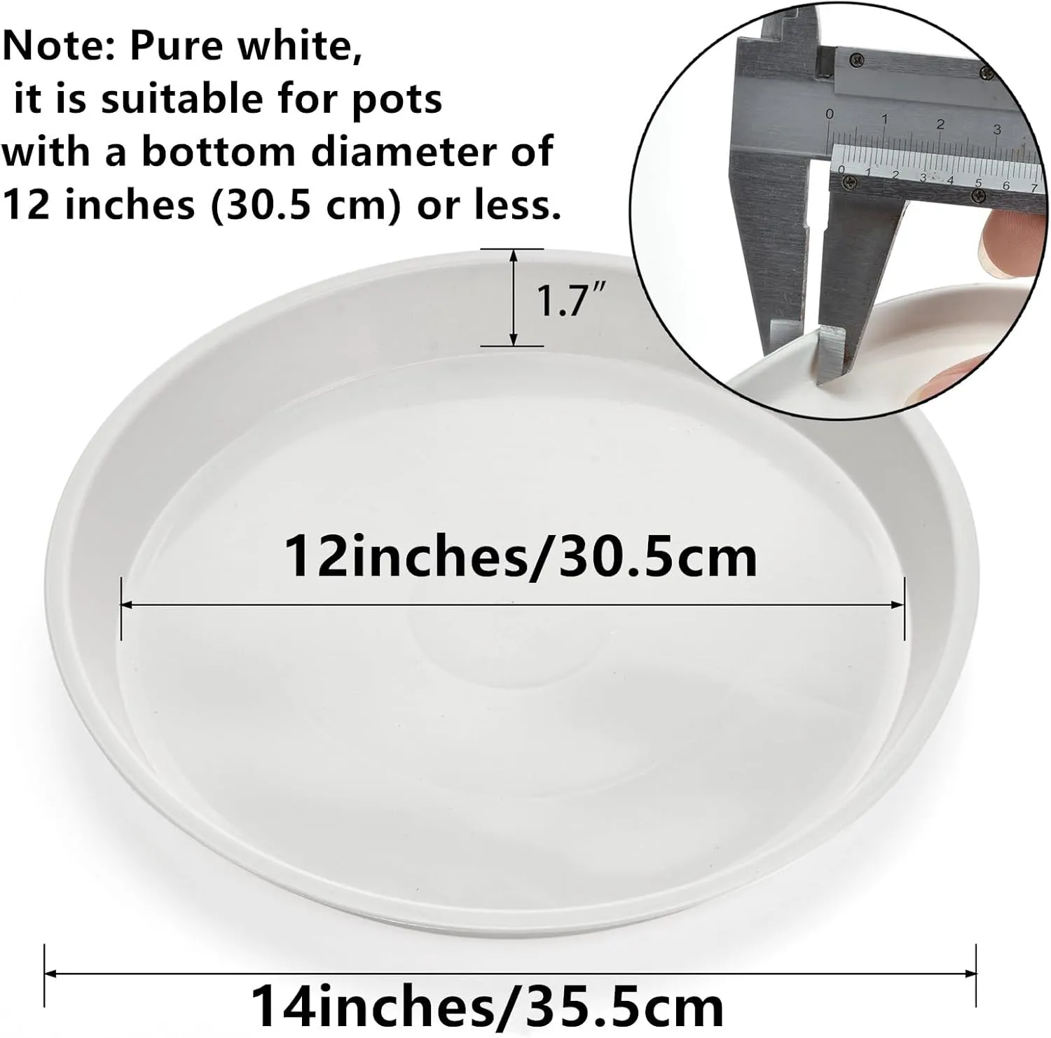 14-Inch Whited Plant Saucer for Indoors, 5 Packs Sturdy Plastic Plant Trays 12 inches in Base, Flower Pot Saucers for Outdoors.