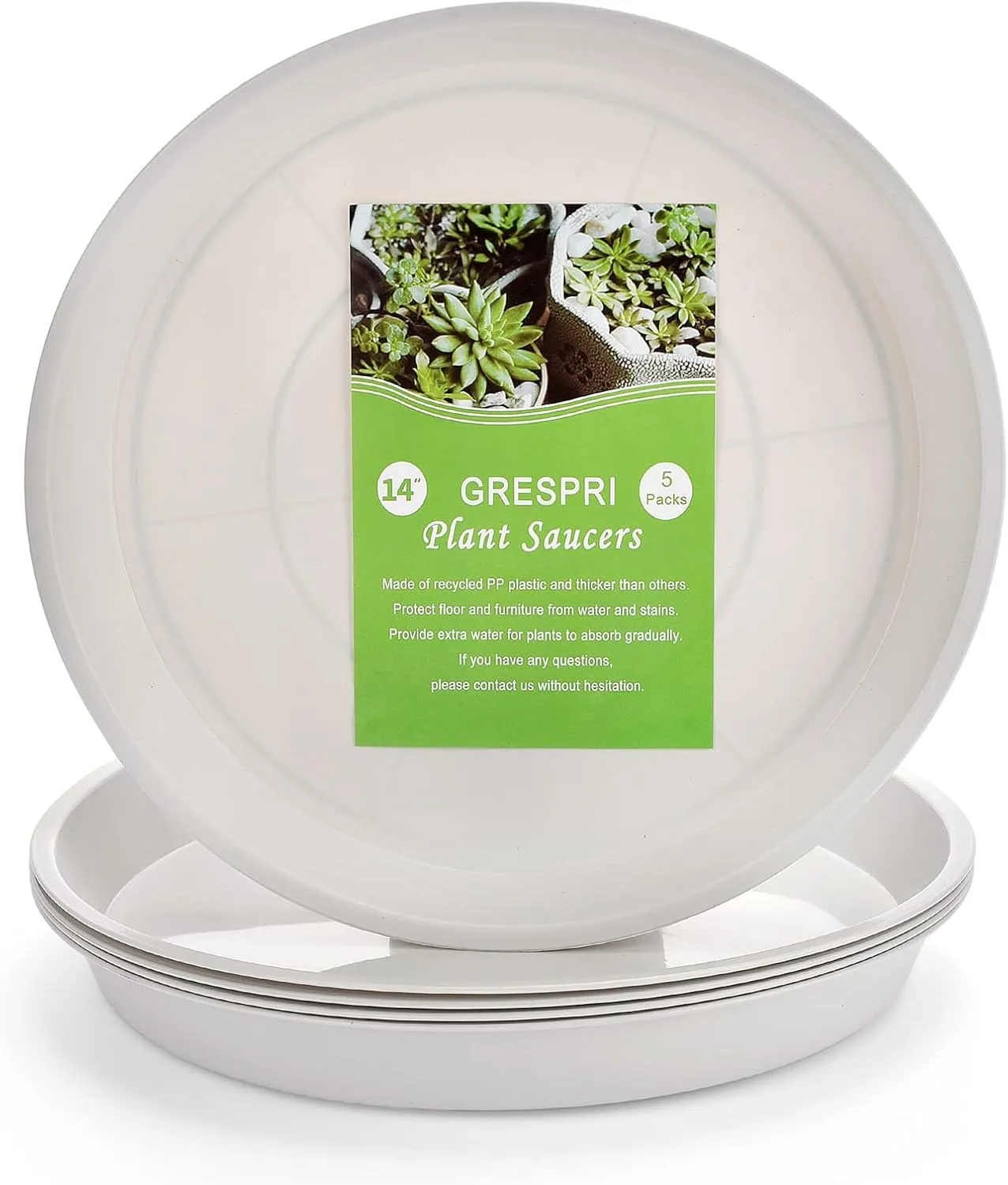 14-Inch Whited Plant Saucer for Indoors, 5 Packs Sturdy Plastic Plant Trays 12 inches in Base, Flower Pot Saucers for Outdoors.