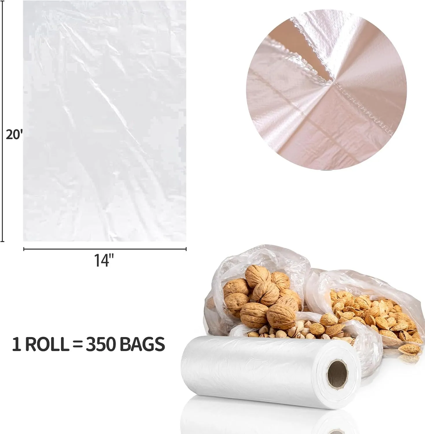 14” x 20” Food Storage Bags Roll, Clear Plastic Produce Bags for Vegetable Food Fruit Bread (1 Roll - 350pcs on a Roll)