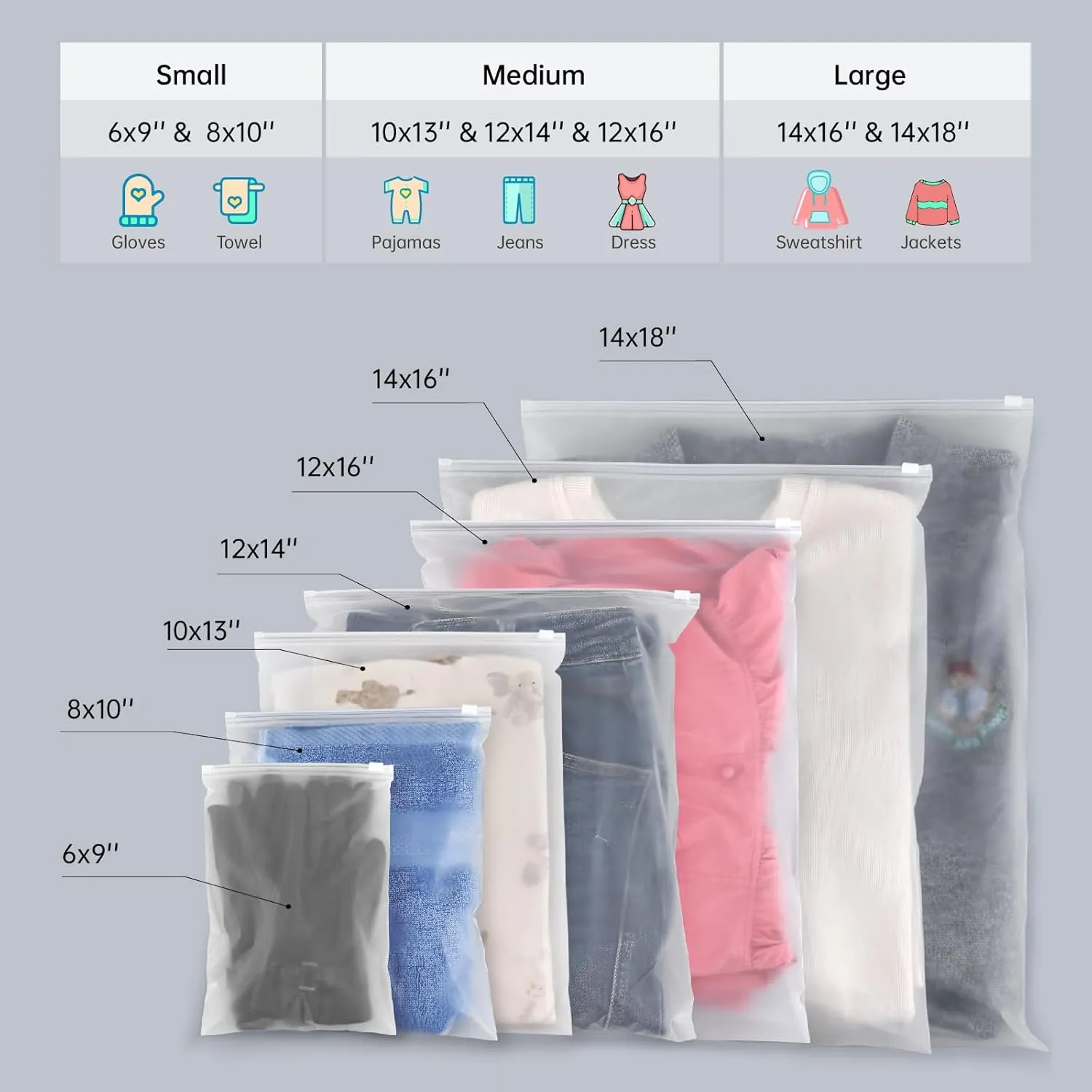 14x16 Inch Frosted Zipper Poly Bags for Clothing，50Pcs Plastic Packaging Bags for Small Businesses or Travel Storage, Clear Apparel Bag for Hoodies, Dress, Sweater | No Vent Holes