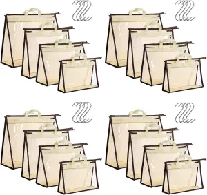16 Pack Clear Handbag Storage Organizer and 16 Stainless Steel S-Hooks Anti-dust Purse Storage Bags with Zipper and Handle Moisture Proof Dust Cover Organizer Bags for Closet Hanging, 4 Assorted Sizes