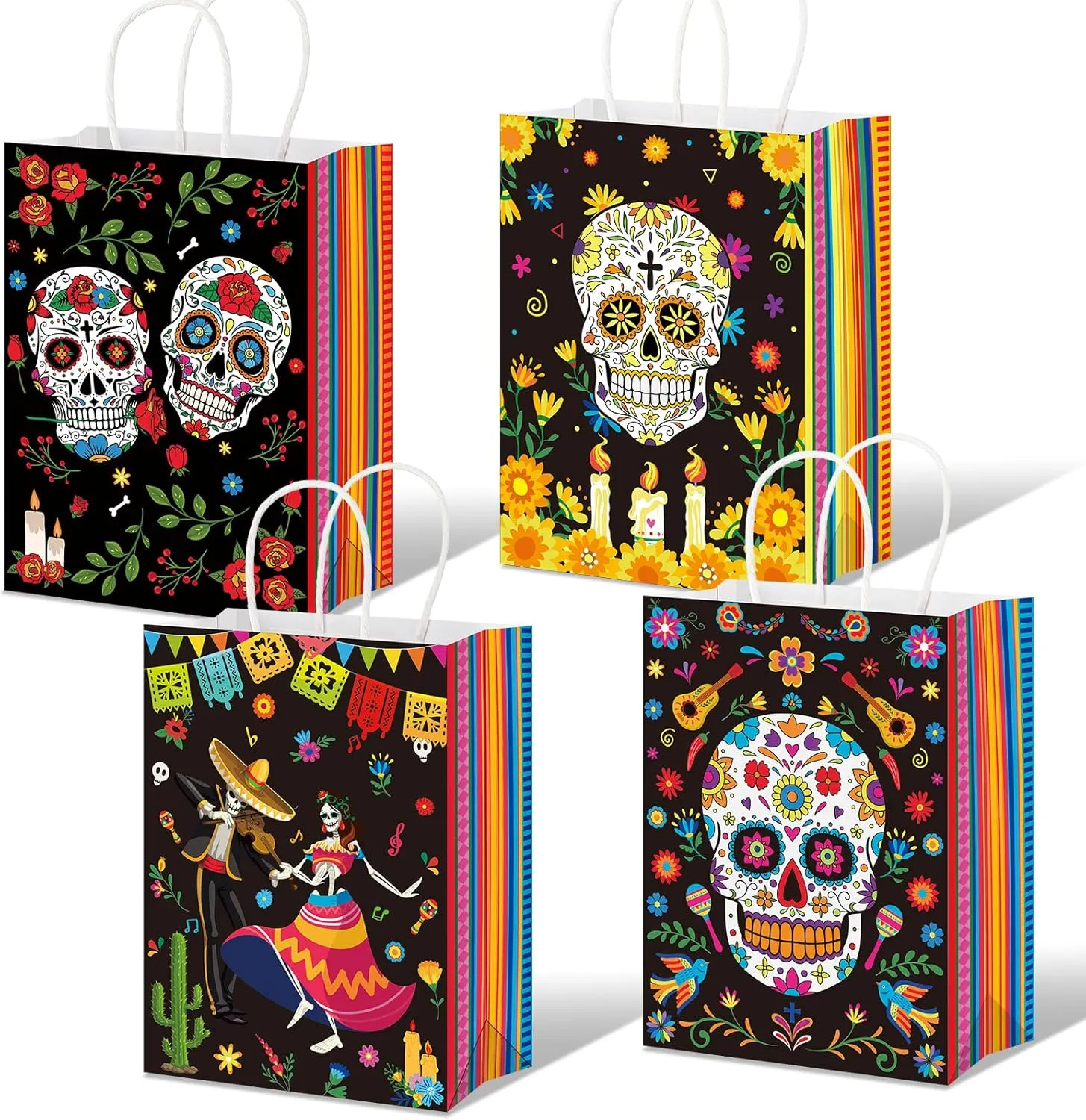 16 Pcs Day of The Dead Gift Bags Dia De Los Muertos Goodie Bag with Handles Sugar Skull Candy Bags Day of The Dead Treat Bag for Halloween Day of The Dead Dia De Los Muertos Party Favor Decoration