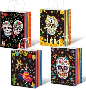 16 Pcs Day of The Dead Gift Bags Dia De Los Muertos Goodie Bag with Handles Sugar Skull Candy Bags Day of The Dead Treat Bag for Halloween Day of The Dead Dia De Los Muertos Party Favor Decoration