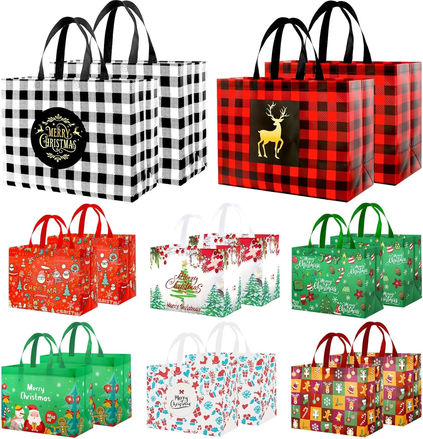 16PCS Extra Large Reusable Christmas Tote Bags with Handles for Gift, Groceries, Xmas Party Supplies