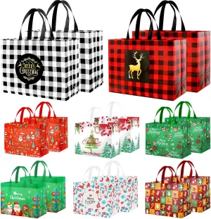16PCS Extra Large Reusable Christmas Tote Bags with Handles for Gift, Groceries, Xmas Party Supplies