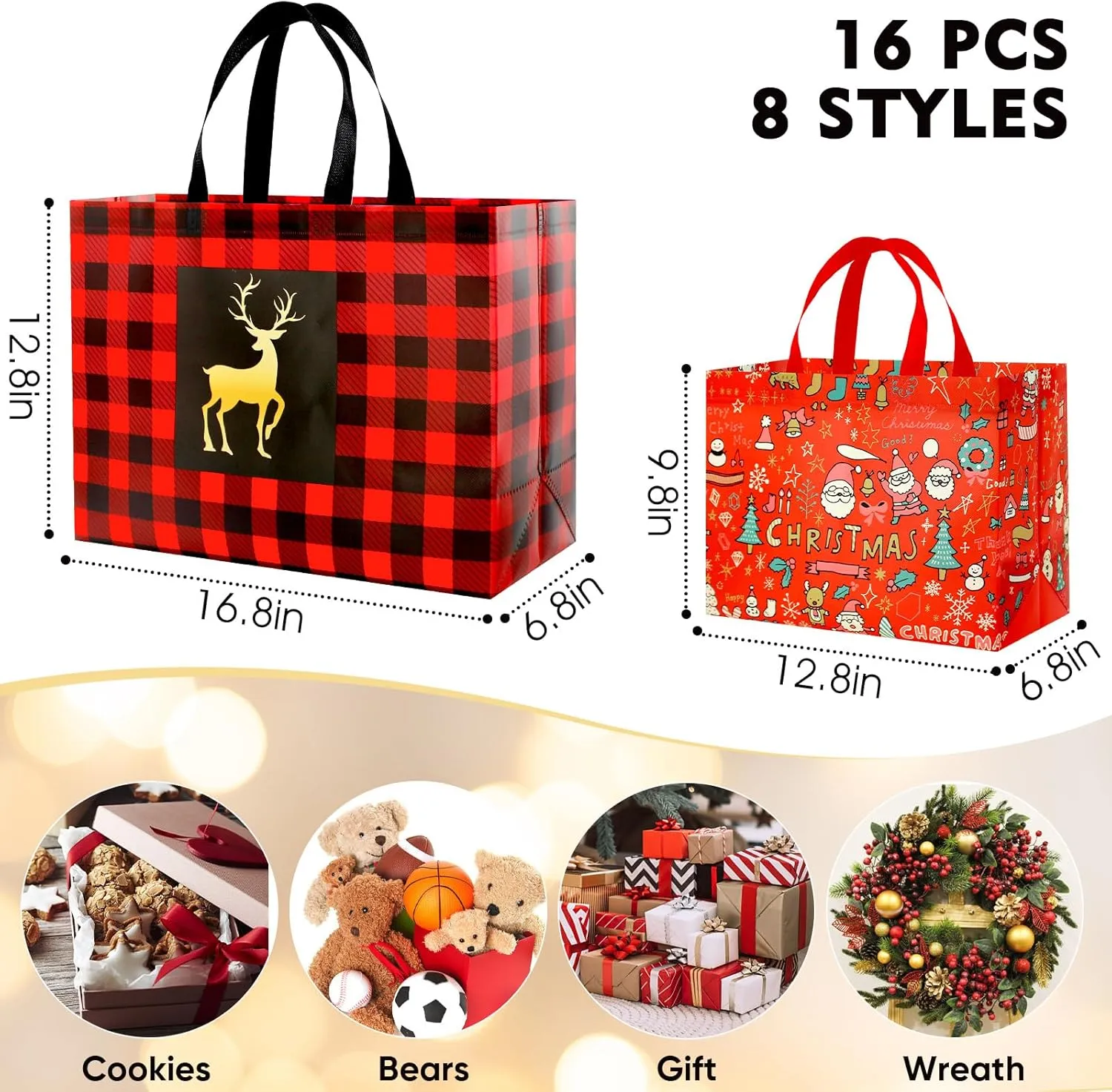 16PCS Extra Large Reusable Christmas Tote Bags with Handles for Gift, Groceries, Xmas Party Supplies