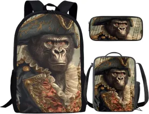 17 Inch Animal Print School Backpack And Lunch Box Set for Kids Lightweight Amazing Gorilla Backpack for Boys Girls Sturdy School Bag with Insulated Lunchbox Pencil Case Student Bookbag