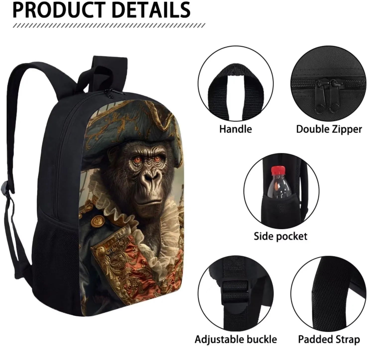 17 Inch Animal Print School Backpack And Lunch Box Set for Kids Lightweight Amazing Gorilla Backpack for Boys Girls Sturdy School Bag with Insulated Lunchbox Pencil Case Student Bookbag