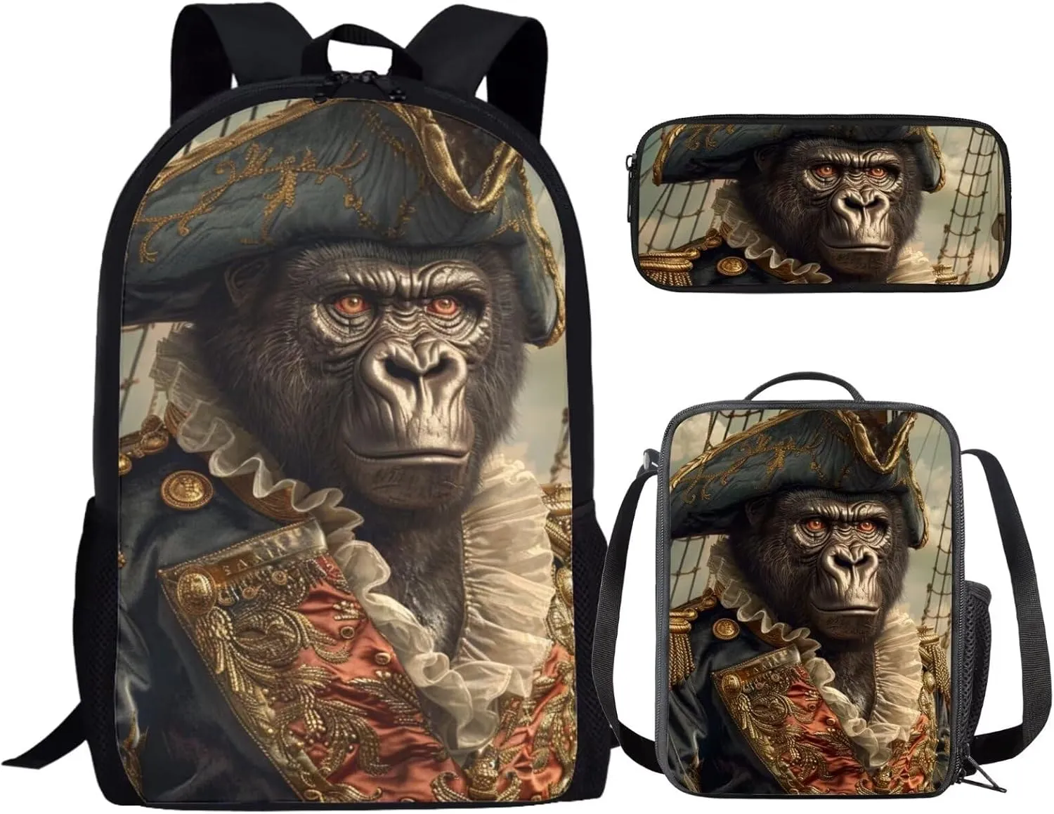 17 Inch Animal Print School Backpack And Lunch Box Set for Kids Lightweight Amazing Gorilla Backpack for Boys Girls Sturdy School Bag with Insulated Lunchbox Pencil Case Student Bookbag