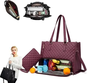 2-in-1 Insulated Work Tote with Lunch Compartment - 15.6 Inch Women's Office Purse, Leakproof Thermal Bag for Laptop & Meal Prep, Spacious Designer Carryall for Professionals (Wine Red, 16.5x13 inch)