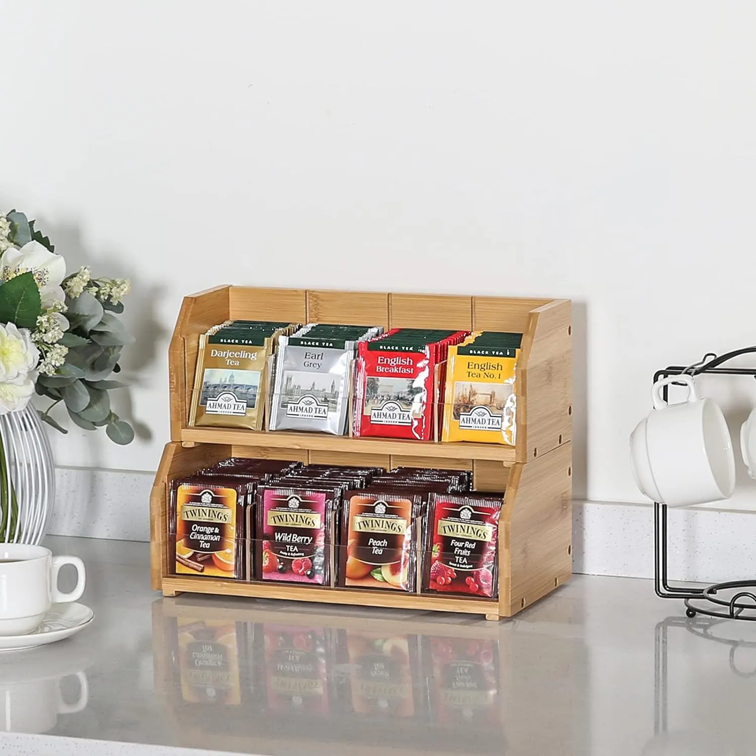 2-Layer Stackable Bamboo Tea Bag Organizer Storage Holder & Rack - Wooden Tea Box Containers - Stand for Countertop or Cabinet