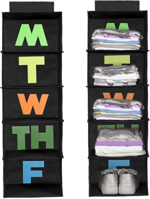 2 Pcs 5 Shelf Weekly Clothes Organizer for Kids Hanging Closet Organizer Weekday Daily Activity Clothes Storage Days of The Week Outfit Storage for Monday Through Friday(Black)