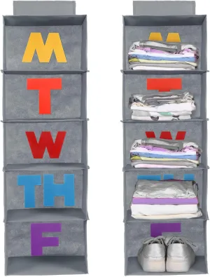 2 Pcs 5 Shelf Weekly Clothes Organizer for Kids Hanging Closet Organizer Weekday Daily Activity Clothes Storage Days of The Week Outfit Storage for Monday Through Friday(Grey)