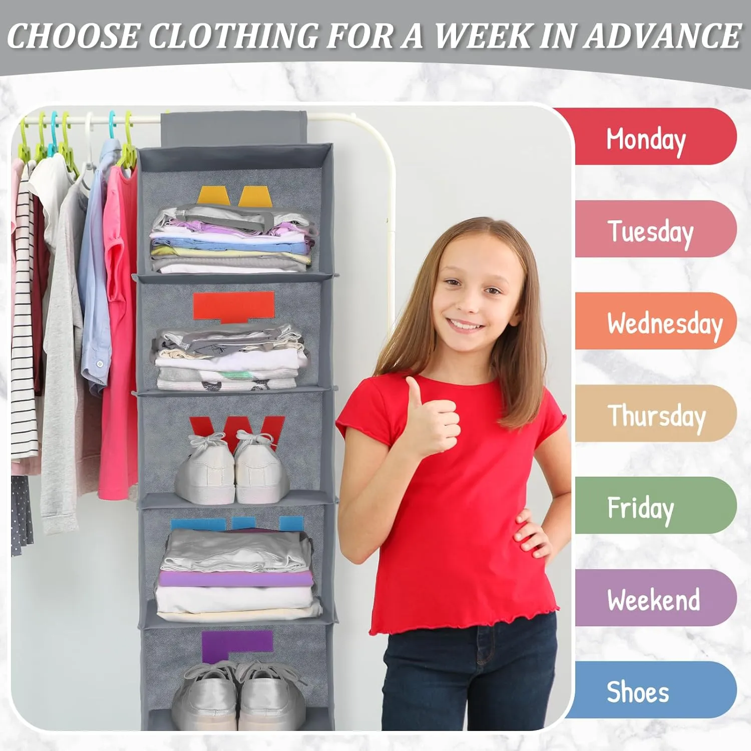 2 Pcs 5 Shelf Weekly Clothes Organizer for Kids Hanging Closet Organizer Weekday Daily Activity Clothes Storage Days of The Week Outfit Storage for Monday Through Friday(Grey)