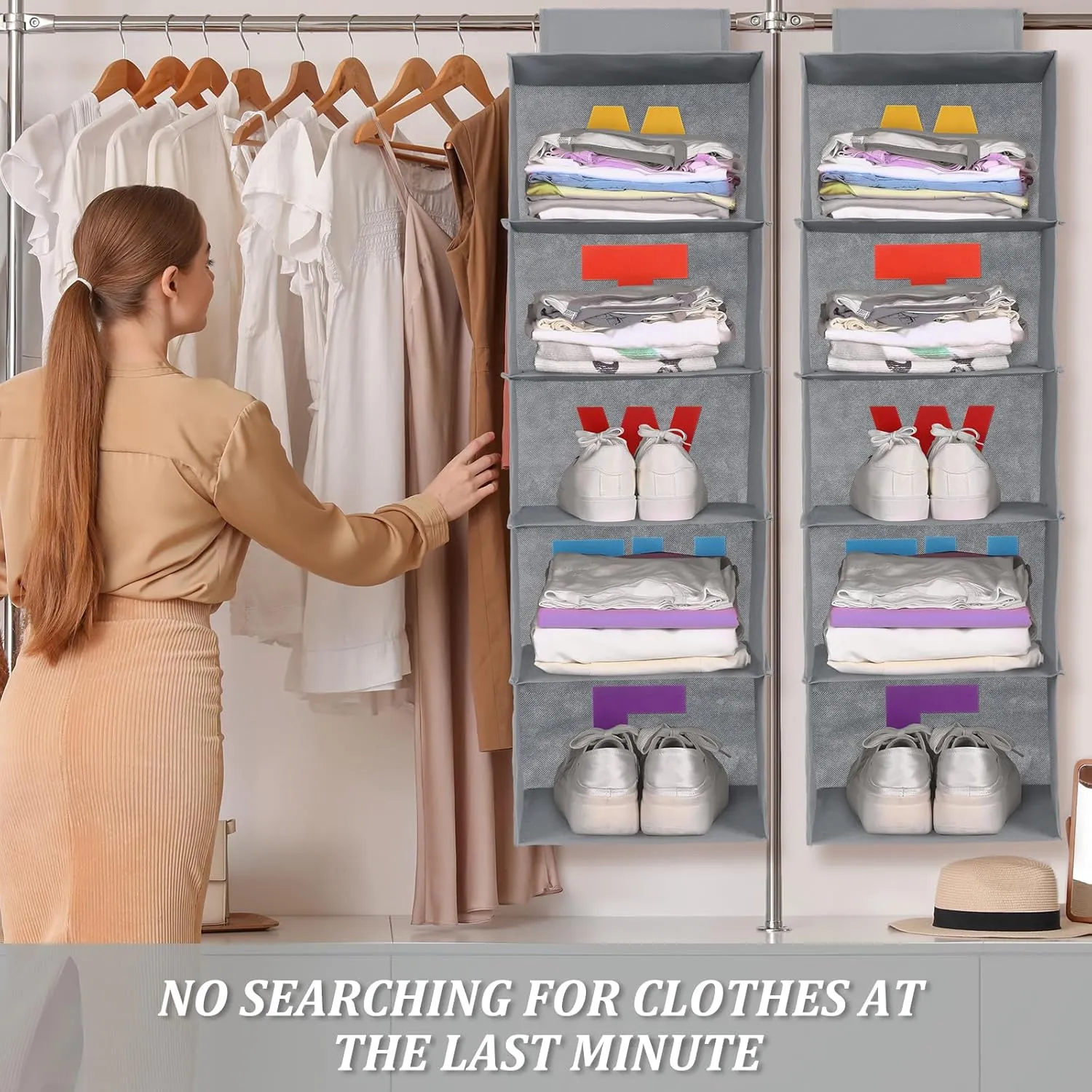 2 Pcs 5 Shelf Weekly Clothes Organizer for Kids Hanging Closet Organizer Weekday Daily Activity Clothes Storage Days of The Week Outfit Storage for Monday Through Friday(Grey)