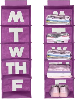 2 Pcs 5 Shelf Weekly Clothes Organizer for Kids Hanging Closet Organizer Weekday Daily Activity Clothes Storage Days of The Week Outfit Storage for Monday Through Friday(Purple)