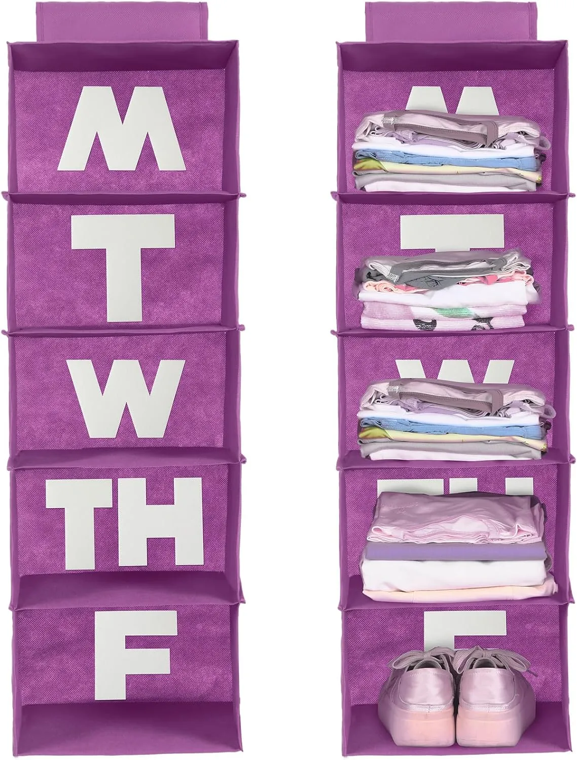 2 Pcs 5 Shelf Weekly Clothes Organizer for Kids Hanging Closet Organizer Weekday Daily Activity Clothes Storage Days of The Week Outfit Storage for Monday Through Friday(Purple)