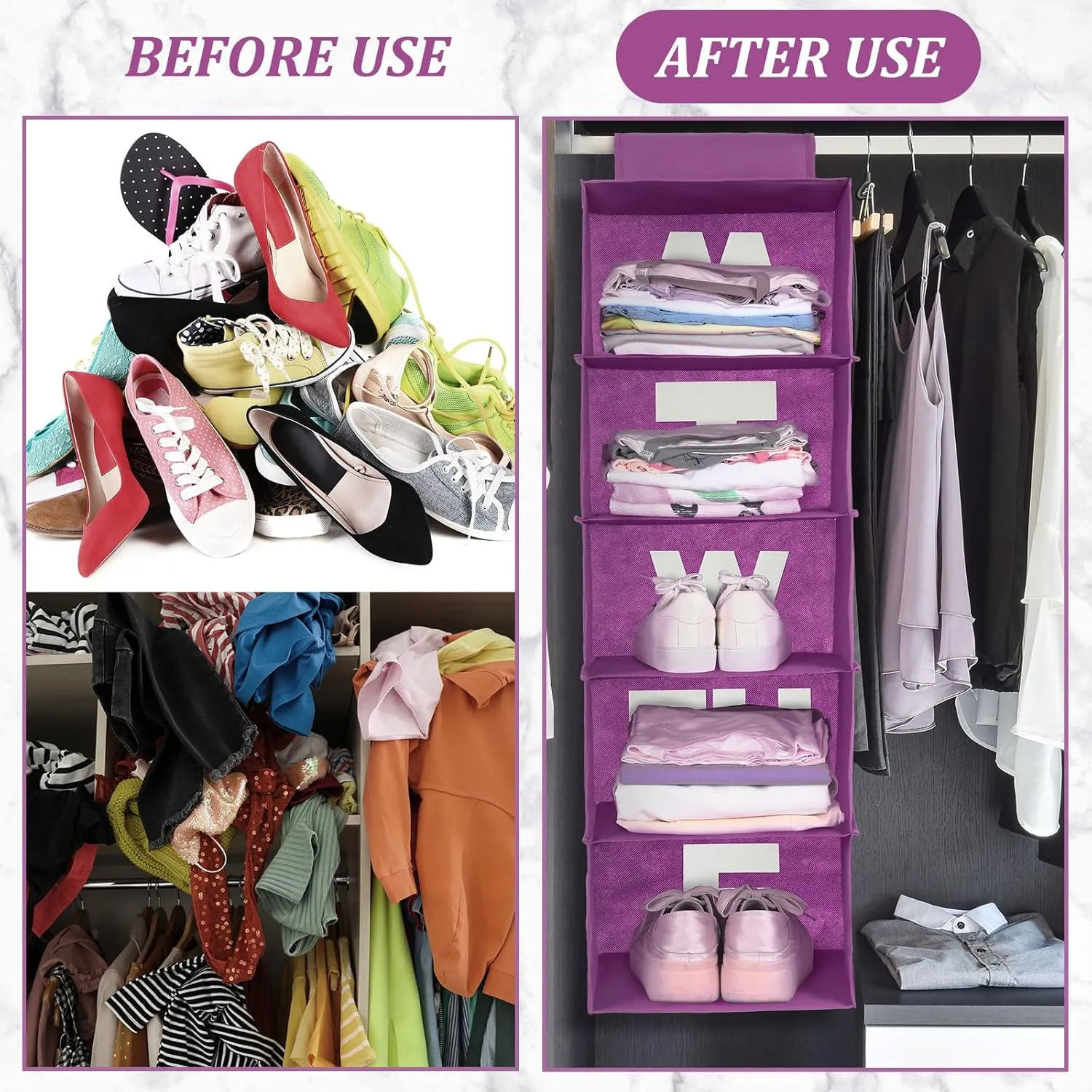 2 Pcs 5 Shelf Weekly Clothes Organizer for Kids Hanging Closet Organizer Weekday Daily Activity Clothes Storage Days of The Week Outfit Storage for Monday Through Friday(Purple)