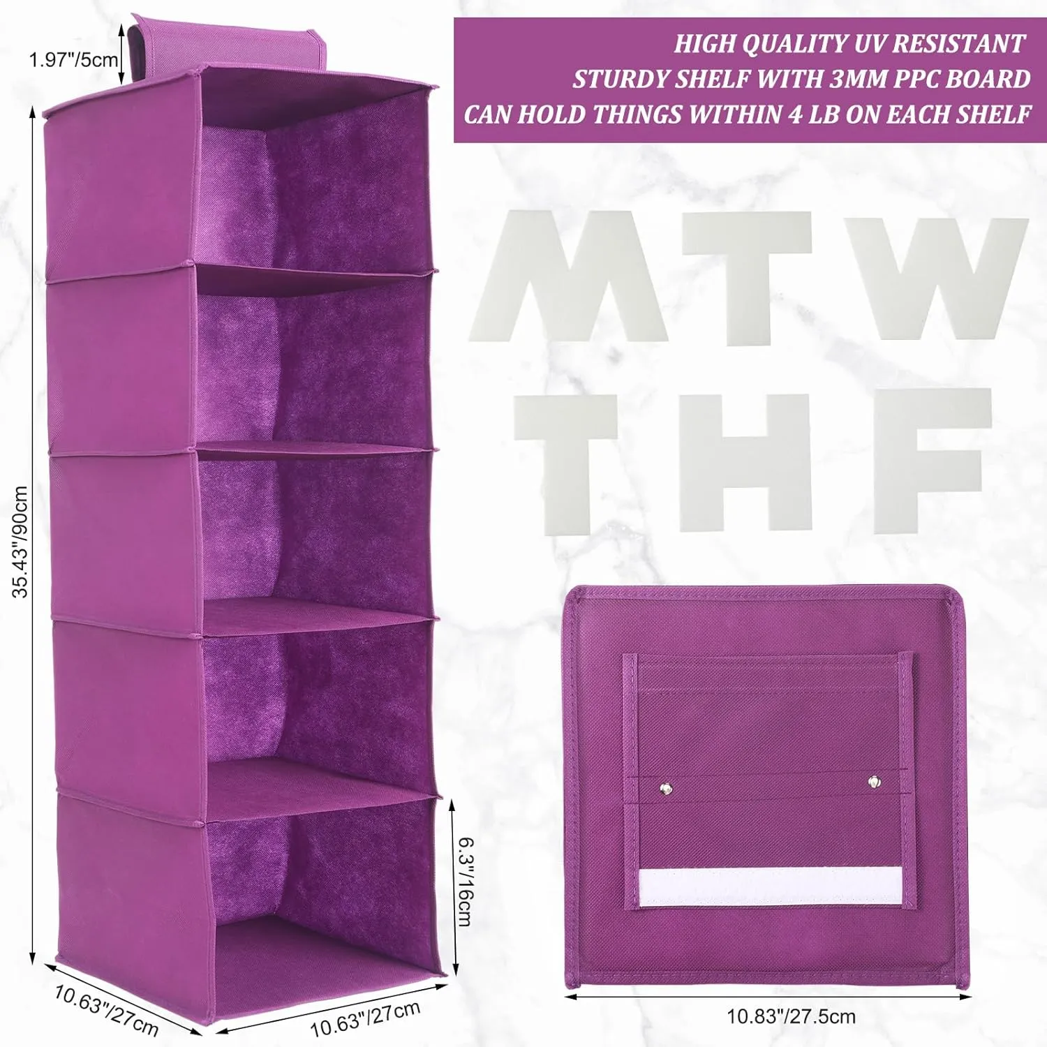 2 Pcs 5 Shelf Weekly Clothes Organizer for Kids Hanging Closet Organizer Weekday Daily Activity Clothes Storage Days of The Week Outfit Storage for Monday Through Friday(Purple)