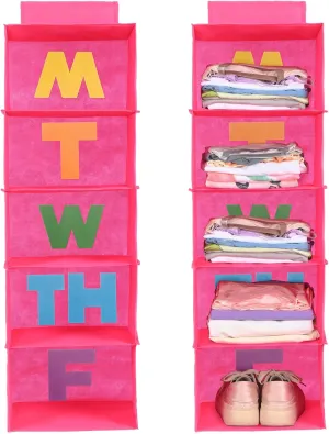 2 Pcs 5 Shelf Weekly Clothes Organizer for Kids Hanging Closet Organizer Weekday Daily Activity Clothes Storage Days of The Week Outfit Storage for Monday Through Friday(Rose Red)