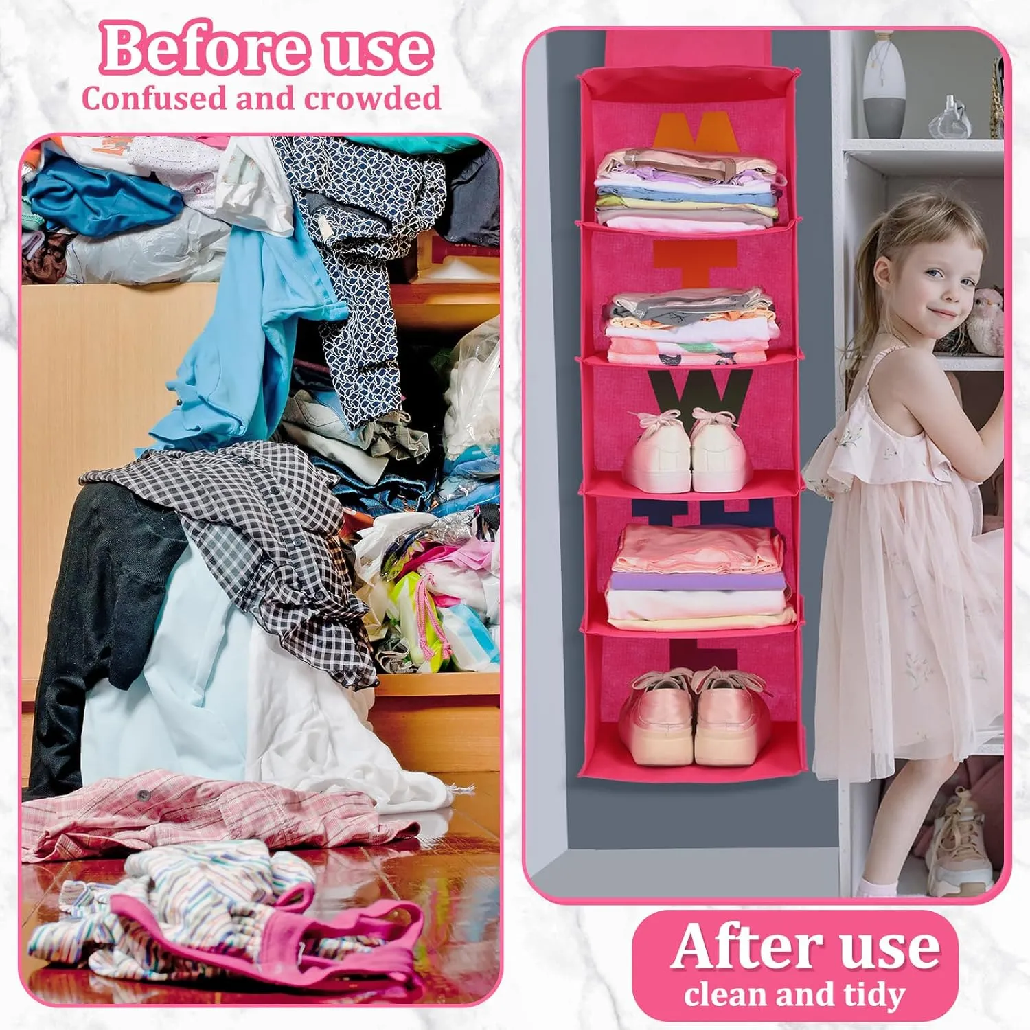 2 Pcs 5 Shelf Weekly Clothes Organizer for Kids Hanging Closet Organizer Weekday Daily Activity Clothes Storage Days of The Week Outfit Storage for Monday Through Friday(Rose Red)