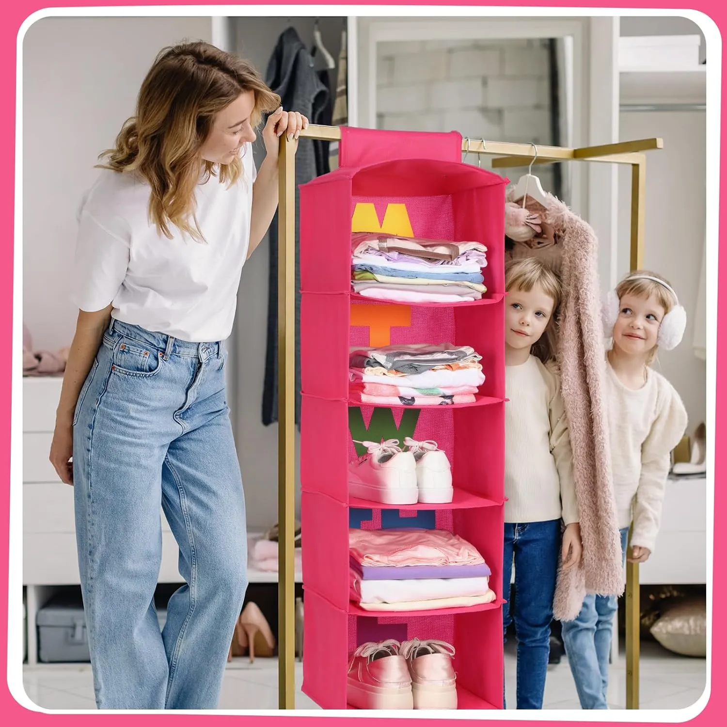 2 Pcs 5 Shelf Weekly Clothes Organizer for Kids Hanging Closet Organizer Weekday Daily Activity Clothes Storage Days of The Week Outfit Storage for Monday Through Friday(Rose Red)