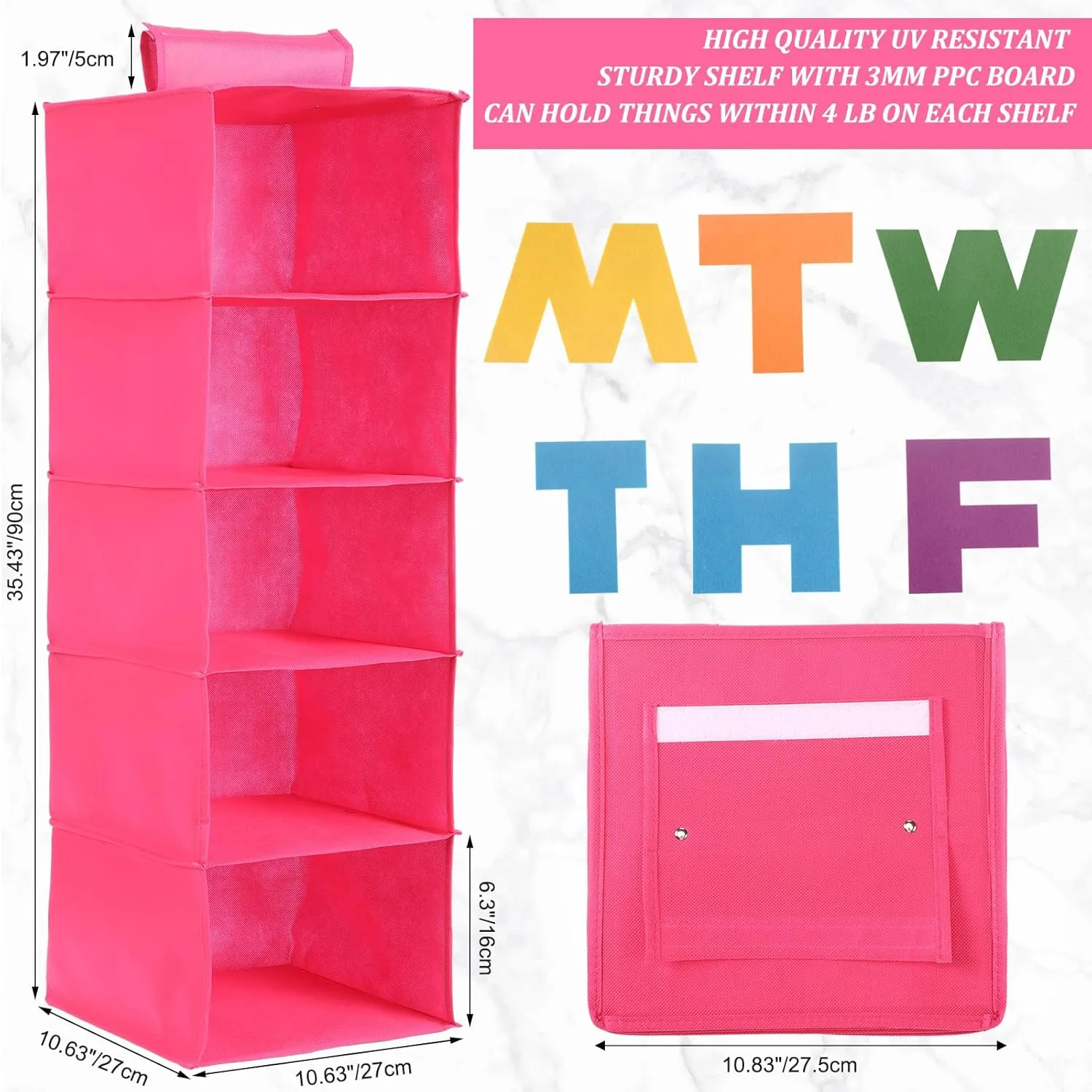 2 Pcs 5 Shelf Weekly Clothes Organizer for Kids Hanging Closet Organizer Weekday Daily Activity Clothes Storage Days of The Week Outfit Storage for Monday Through Friday(Rose Red)