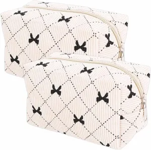 2 PCS Corduroy Makeup Bag for Women Girls Cute Bow Cosmetic Bag Fashion Zipper Purse Travel Aesthetic Essentials Bag Small Makeup Bag Elegant Storage Handbag Preppy Large Capacity Cosmetic Packet
