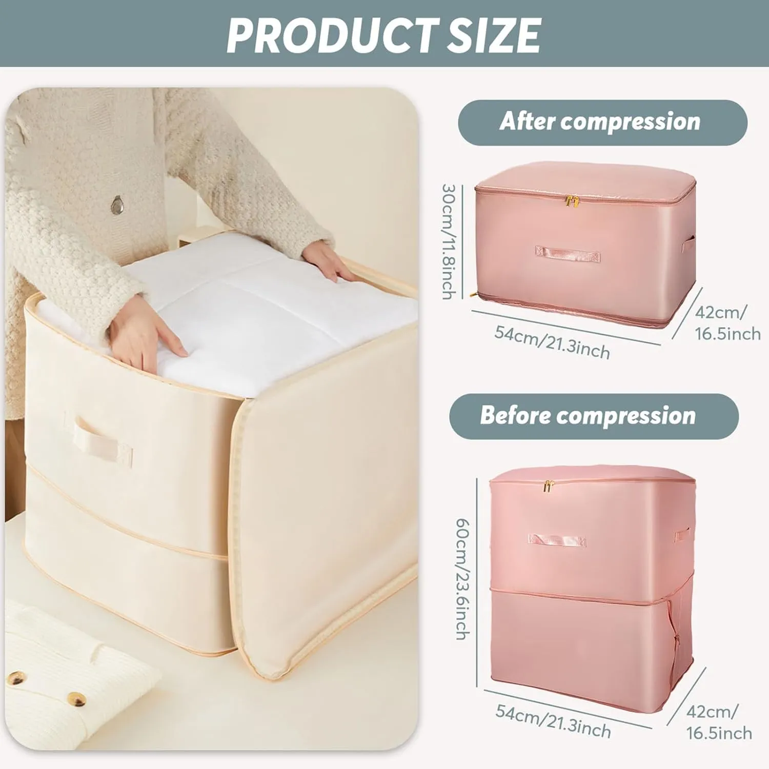 2 Pcs Ultra Space Saving Self Compression Organizer, Comforter Storage Bag, Moving Bag for Comforters, Clothes, Blankets, Bedding, College (54×42×60cm, Beige)