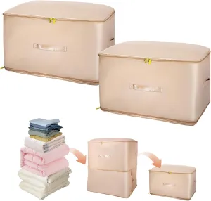 2 Pcs Ultra Space Saving Self Compression Organizer, Comforter Storage Bag, Moving Bag for Comforters, Clothes, Blankets, Bedding, College (54×42×60cm, Beige)