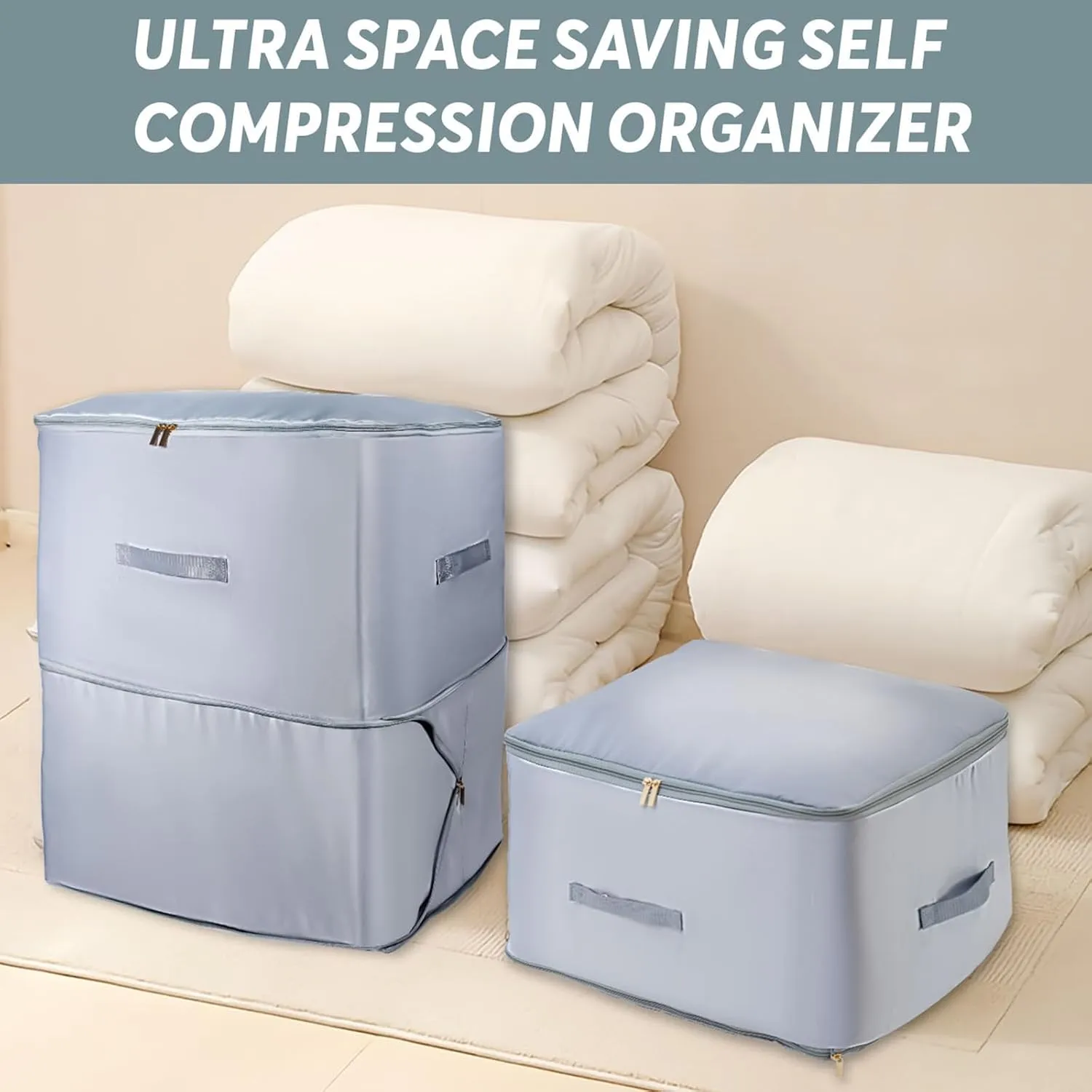 2 Pcs Ultra Space Saving Self Compression Organizer, Comforter Storage Bag, Moving Bag for Comforters, Clothes, Blankets, Bedding, College (54×42×60cm, Beige)
