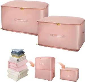 2 Pcs Ultra Space Saving Self Compression Organizer, Comforter Storage Bag, Moving Bag for Comforters, Clothes, Blankets, Bedding, College (54×42×60cm, Pink)