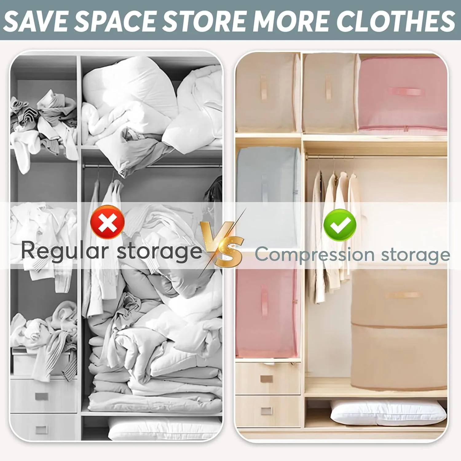 2 Pcs Ultra Space Saving Self Compression Organizer, Comforter Storage Bag, Moving Bag for Comforters, Clothes, Blankets, Bedding, College (54×42×60cm, Pink)