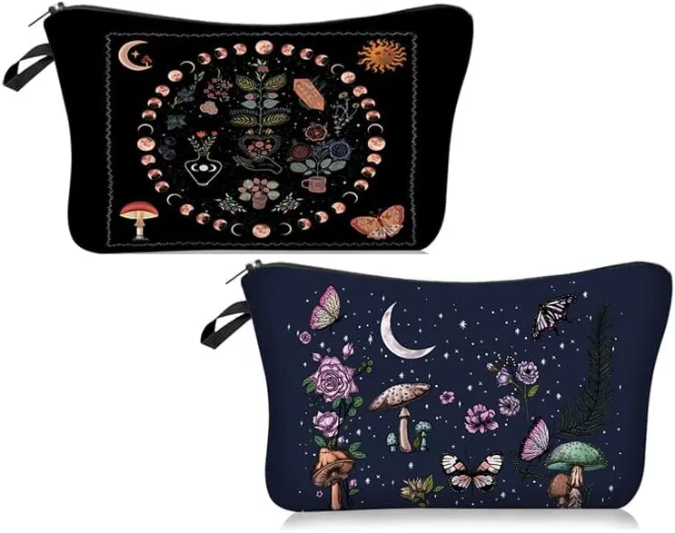 2 Pieces Funny Cosmetic Pouch for Women, Allover Printed Small Zipper Pouches Adorable Makeup Bags Roomy Toiletry Pouch Travel Accessories Organizer GiftsGeFriend giftitMoon Phase & Floral