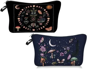2 Pieces Funny Cosmetic Pouch for Women, Allover Printed Small Zipper Pouches Adorable Makeup Bags Roomy Toiletry Pouch Travel Accessories Organizer GiftsGeFriend giftitMoon Phase & Floral