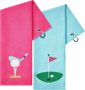 2 Pieces Funny Golf Towel Microfiber Embroidered Towels for Women Ball Bags with Clips Accessories Waffle Pattern for Mother Golf Fan Birthday Gifts (Hot Pink Blue,Elegant Style)
