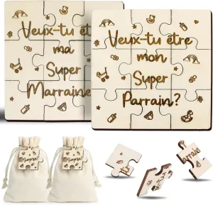 2 Puzzles Request Godfather and Godmother Wooden Puzzle with Surprise Gift Bag for Christening Announcement Birth (Square Puzzle)
