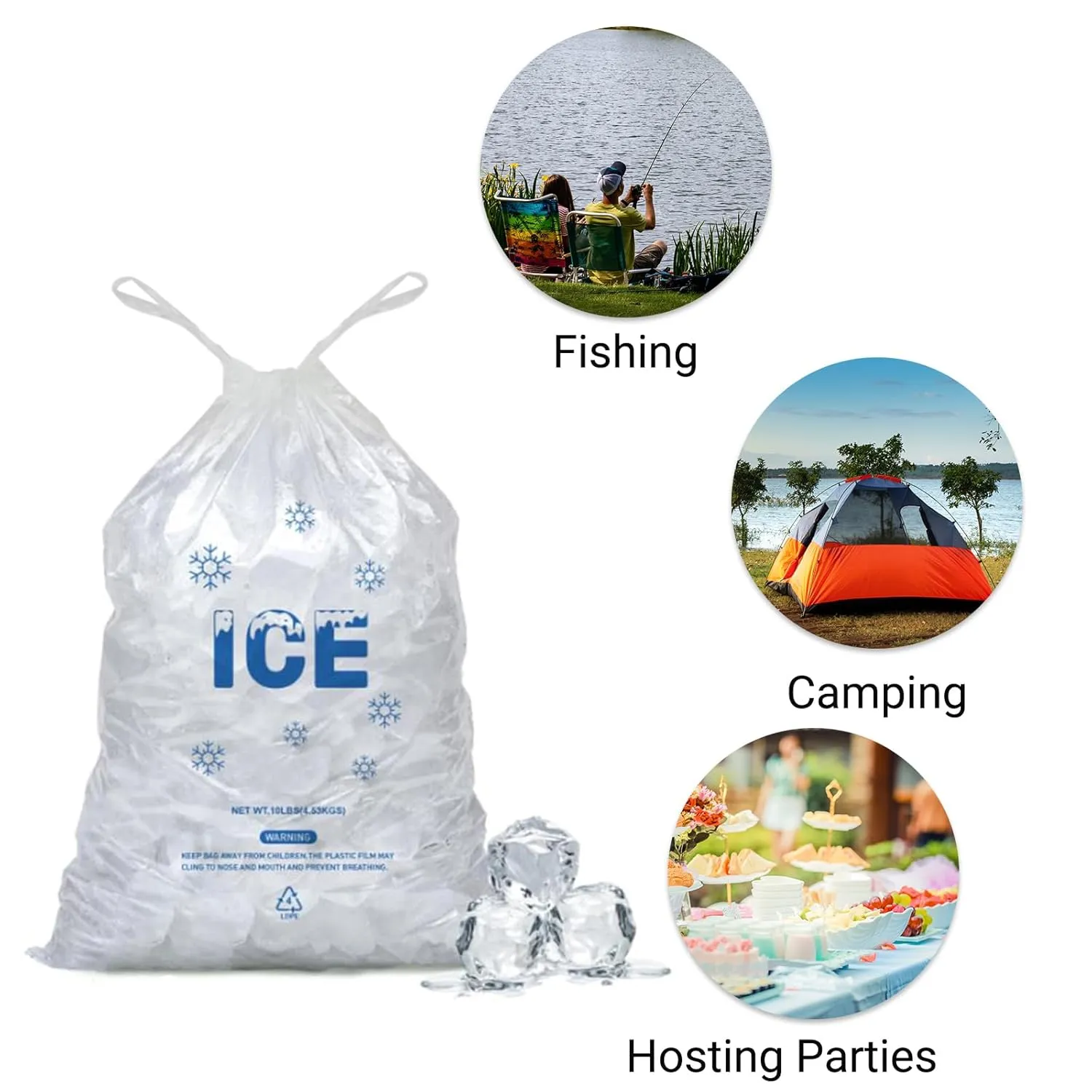 200 PACK 10 lb. Drawstring Ice Bags 12 x 21 Inch Heavy-Duty Plastic Ice Bags with Draw String (2mil Thickness)