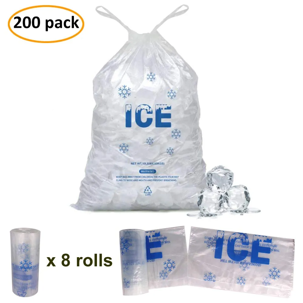 200 PACK 10 lb. Drawstring Ice Bags 12 x 21 Inch Heavy-Duty Plastic Ice Bags with Draw String (2mil Thickness)